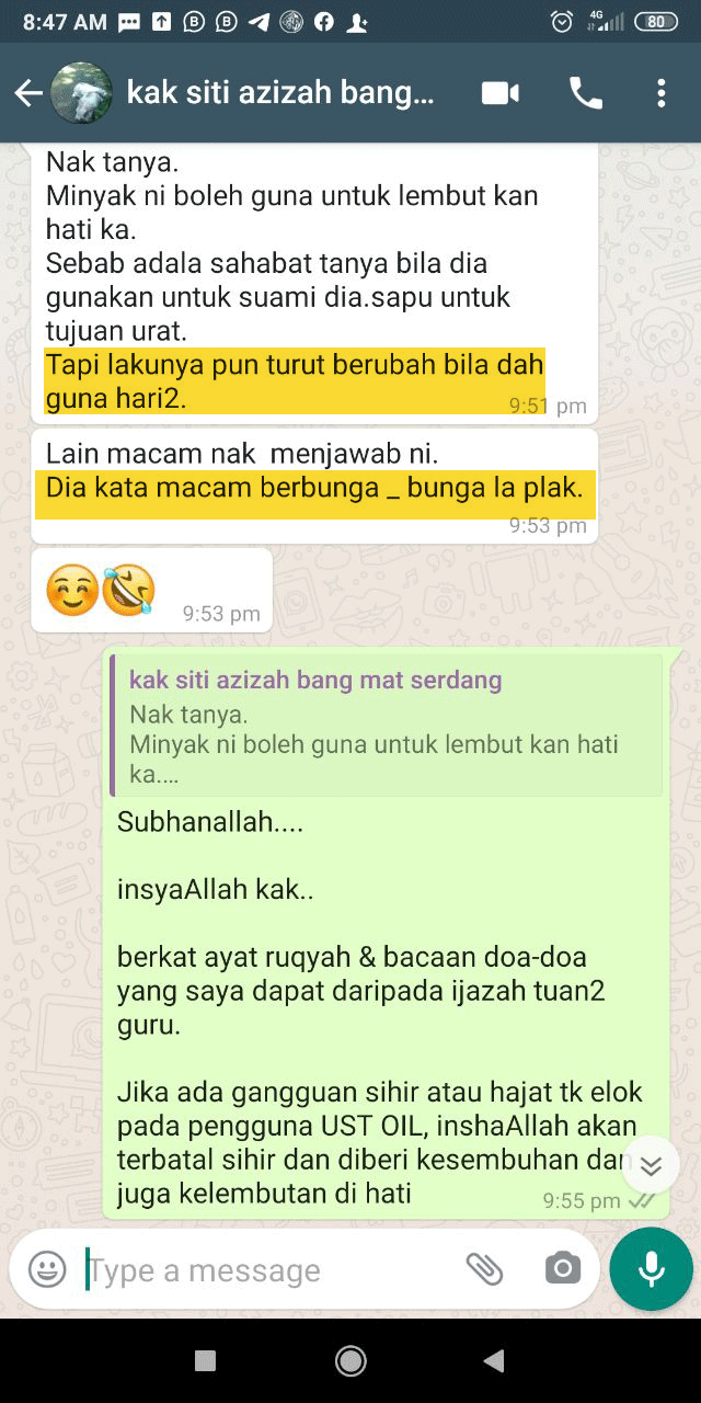 Bukti WhatsApp pelanggan Minyak UST OIL