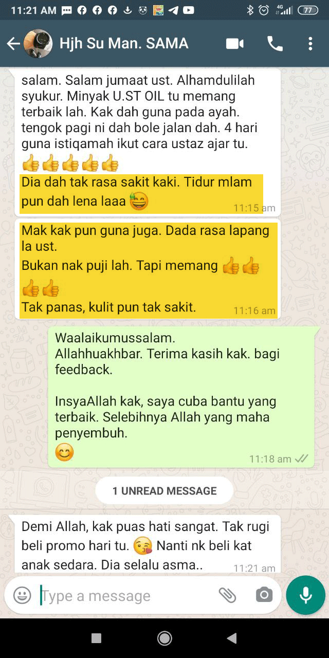 Bukti WhatsApp pelanggan Minyak UST OIL