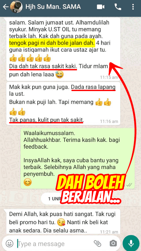 Testimoni sebenar pelanggan Minyak UST OIL — bukti WhatsApp