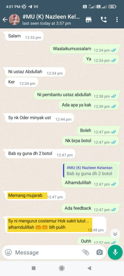Bukti WhatsApp pelanggan Minyak UST OIL
